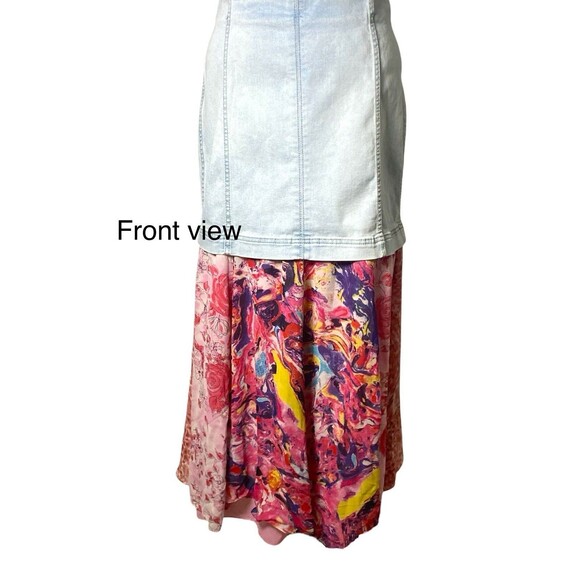 Vintage Denim + Pink Silk Chiffon Skirt M Y2K Boho Fairycore Whimsgoth - Picture 3 of 5